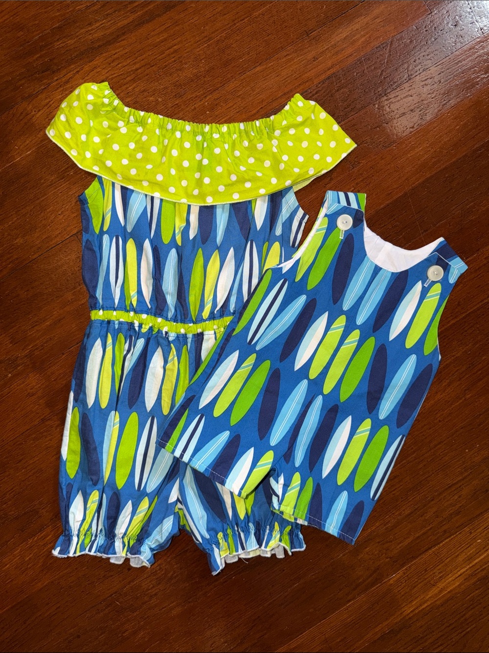 Lolly Wolly Doodle Blue & Lime Surfboard Print Romper Duo